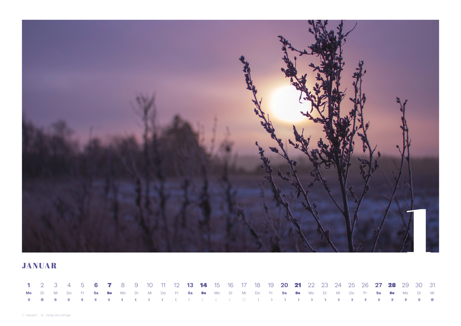 Calidario-PANTONE-Kalender 2018 im Jänner mit Sonnenmotiv