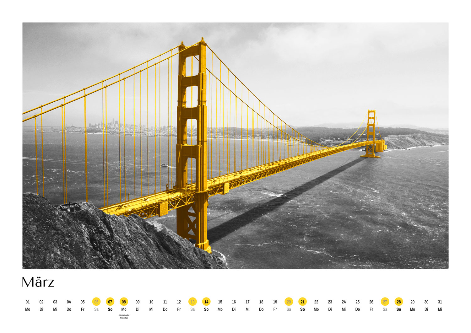 Calidario-PANTONE-Kalender 2021 im März mit der Golden Gate Bridge