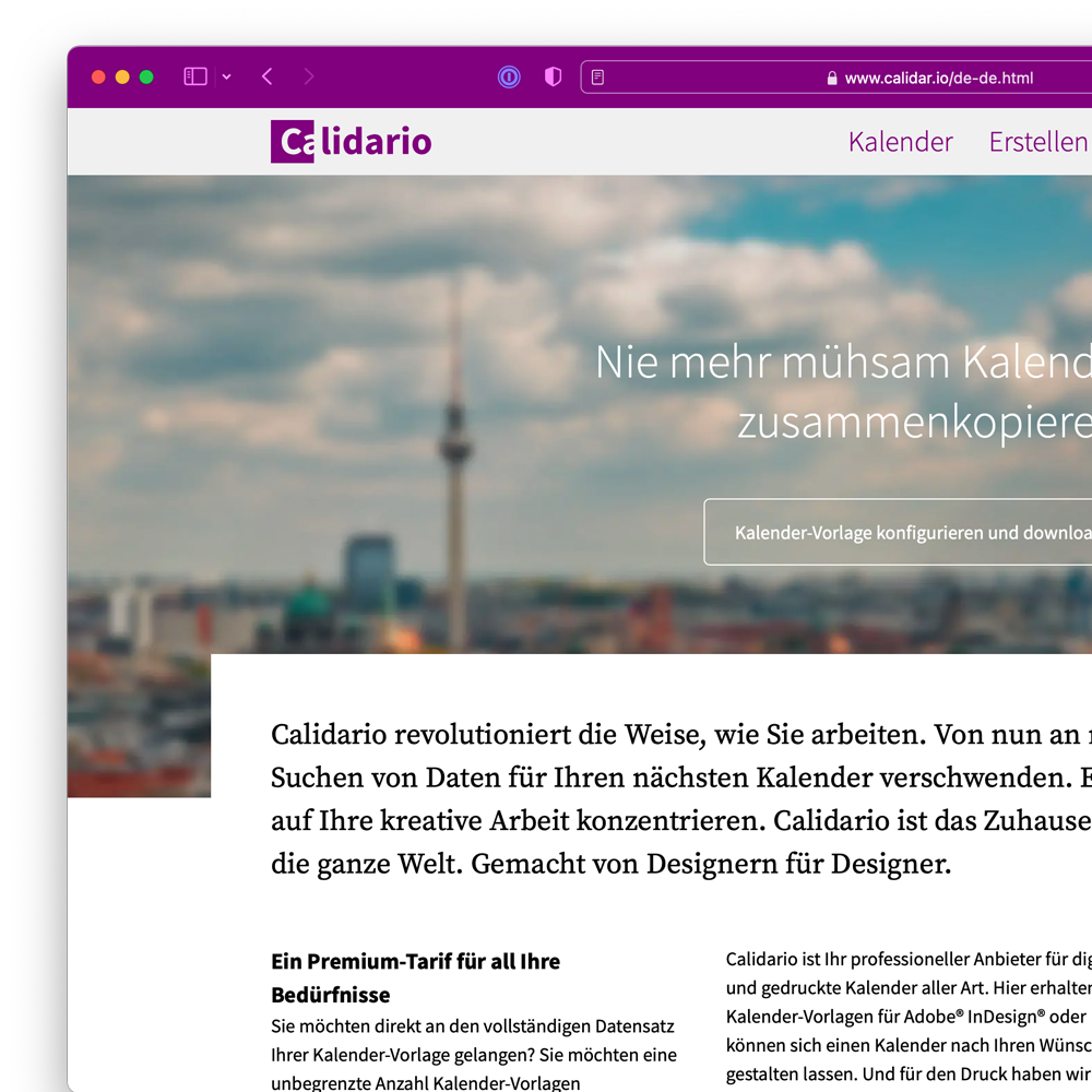 Screenshot of the Calidario website from 2017.